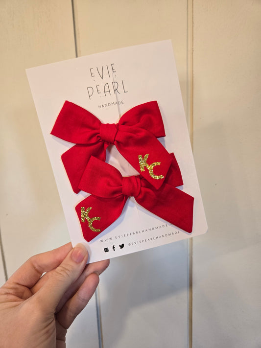 KC RED GLITTER Medium Pigtail Bow Clip Set