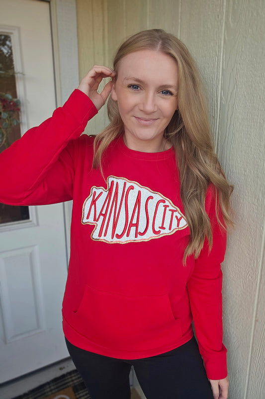 KC ARROW Sequin Red Front Pocket Crewneck Sweatshirt