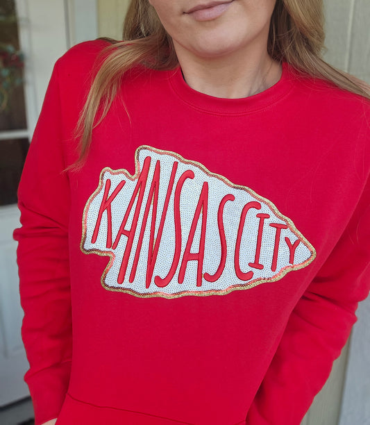 KC ARROW Sequin Red Front Pocket Crewneck Sweatshirt