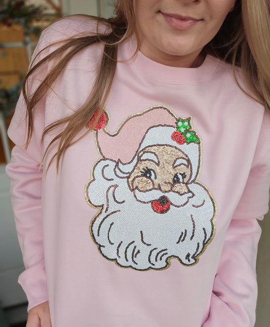 VINTAGE SEQUIN SANTA Pink Crewneck Sweatshirt