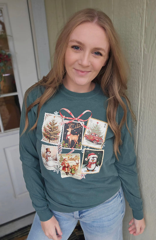 VINTAGE CHRISTMAS STAMPS Deep Green Vintage Long Sleeve Tee