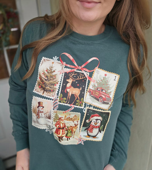 VINTAGE CHRISTMAS STAMPS Deep Green Vintage Long Sleeve Tee