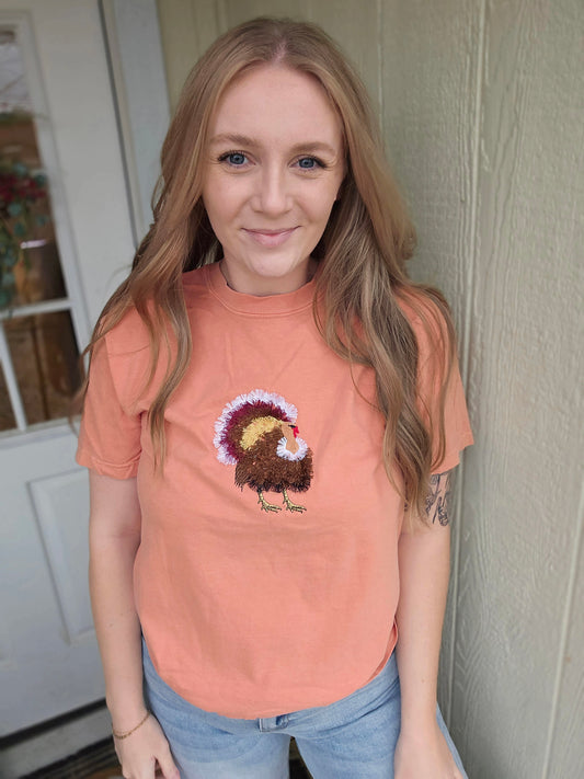 FLUFFY TURKEY Embroidered Terracotta  Vintage Tee