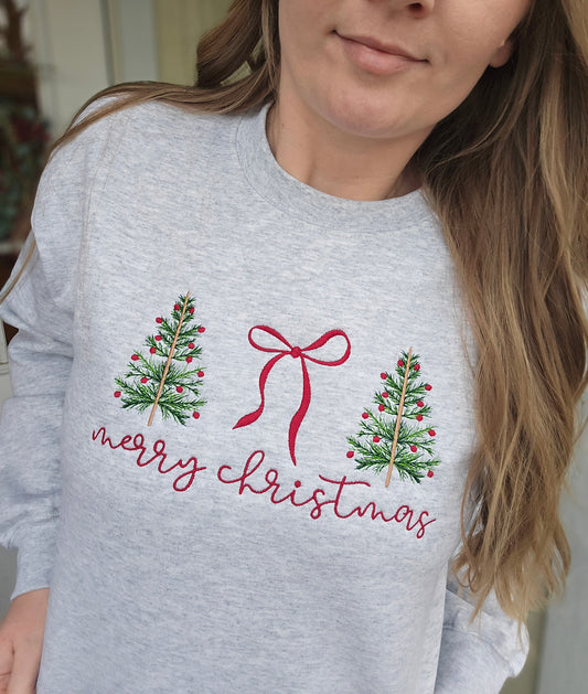 MERRY CHRISTMAS Coquette Tree/Bow Embroidered Crewneck Sweatshirt
