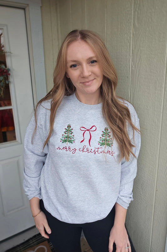 MERRY CHRISTMAS Coquette Tree/Bow Embroidered Crewneck Sweatshirt