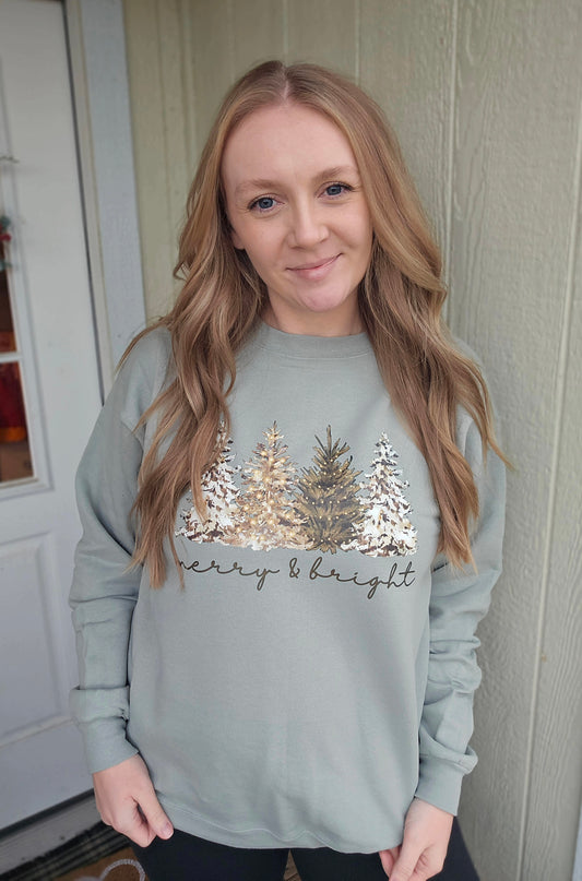 MERRY & BRIGHT Trees Sage Crewneck Sweatshirt