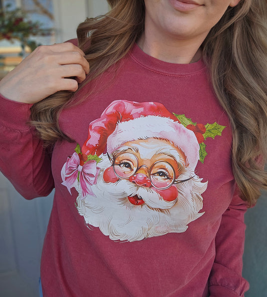 VINTAGE SANTA BOW Red Vintage Long Sleeve Tee