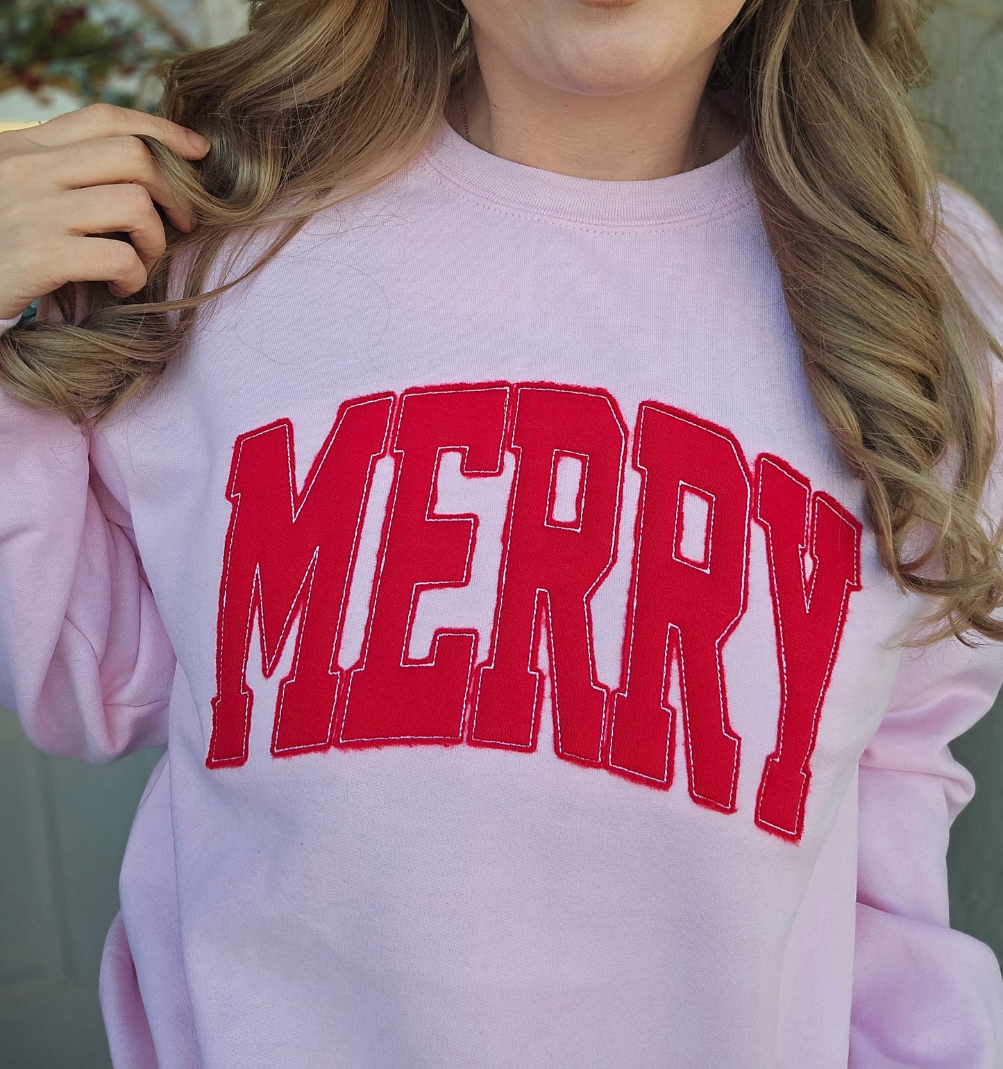 MERRY VARSITY Raggy Embroidered Crewneck Sweatshirt