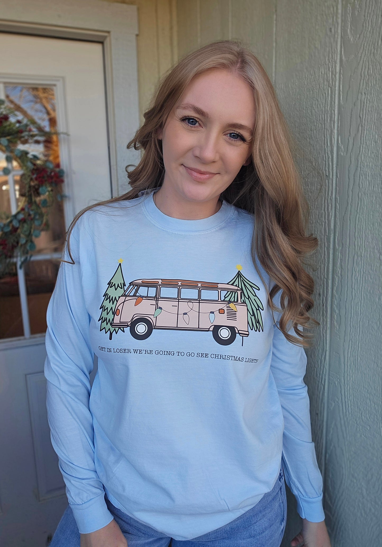 GET IN LOSERS CHRISTMAS LIGHTS Light Blue Vintage Long Sleeve Tee