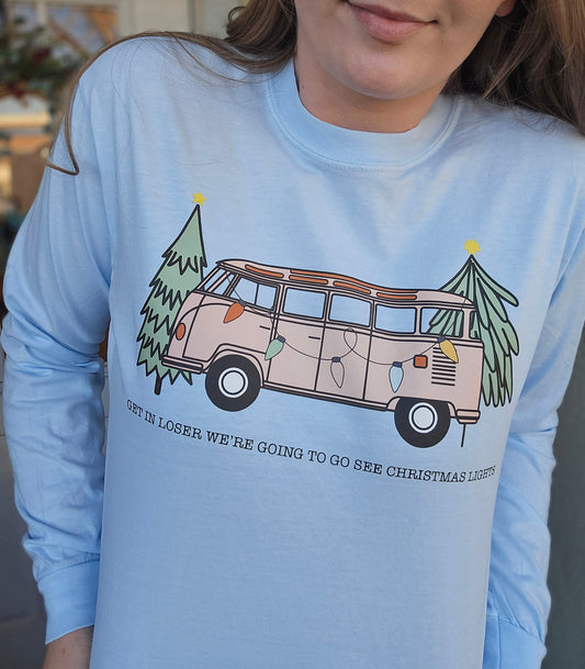 GET IN LOSERS CHRISTMAS LIGHTS Light Blue Vintage Long Sleeve Tee