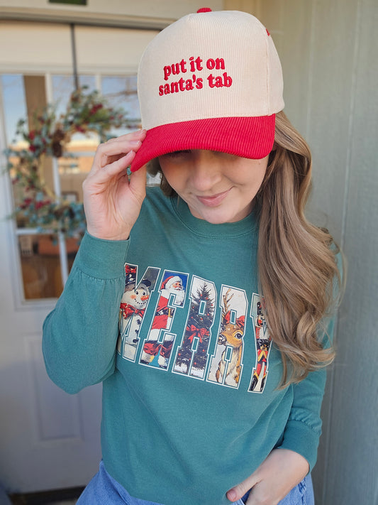 PUT IT ON SANTA'S TAB Red/Beige Corduroy Trucker Hat
