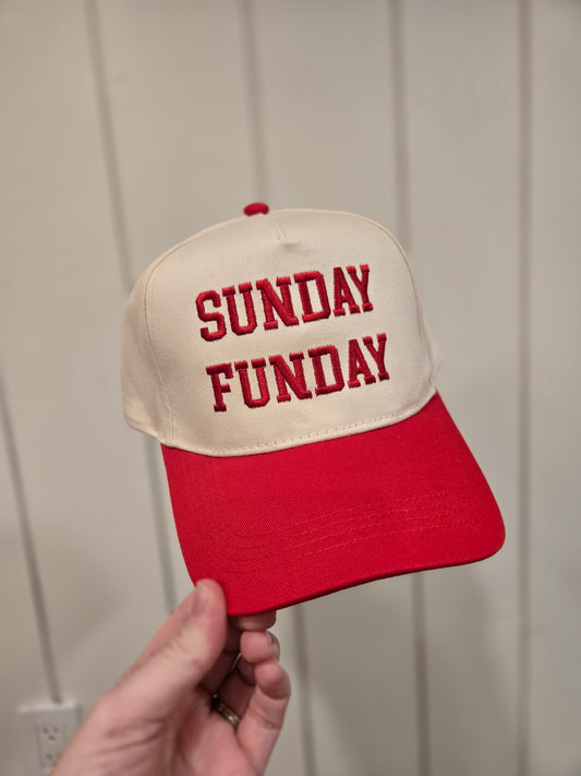 SUNDAY FUNDAY Embroidered Red/Beige Trucker Hat
