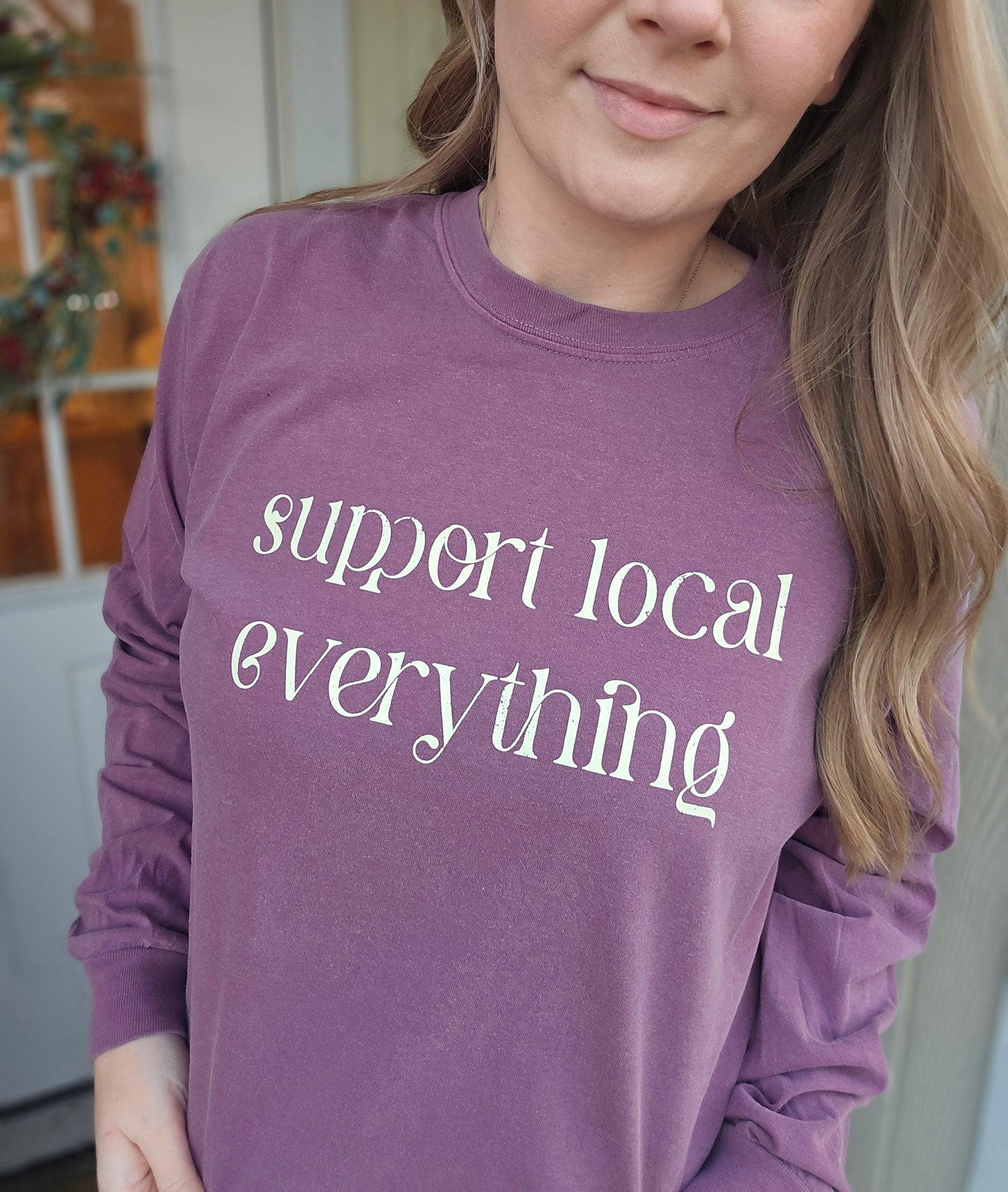 SUPPORT LOCAL EVERYTHING Berry Vintage Long Sleeve Tee