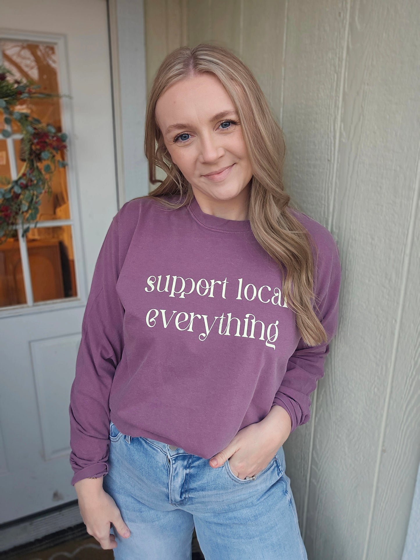 SUPPORT LOCAL EVERYTHING Berry Vintage Long Sleeve Tee