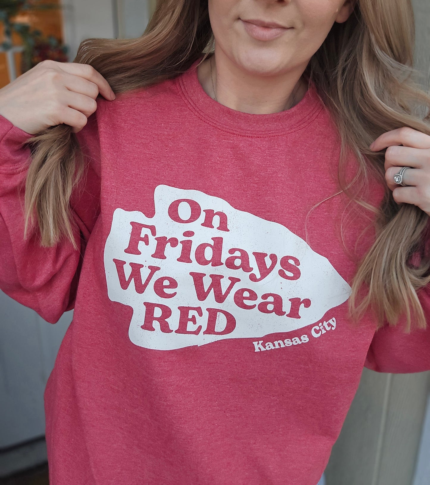 ON FRIDAYS WE WEAR RED Heather Red Crewneck Sweatshirt