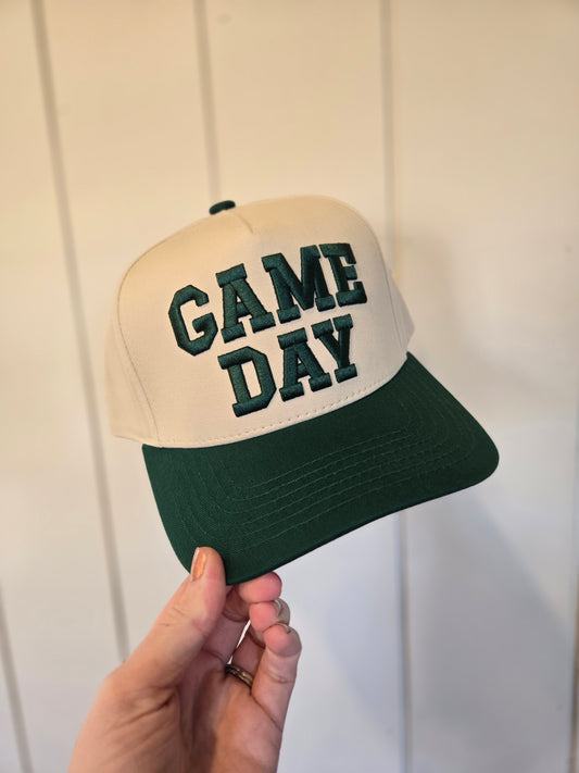 GAME DAY Dark Green Puff Embroidered Trucker Hat