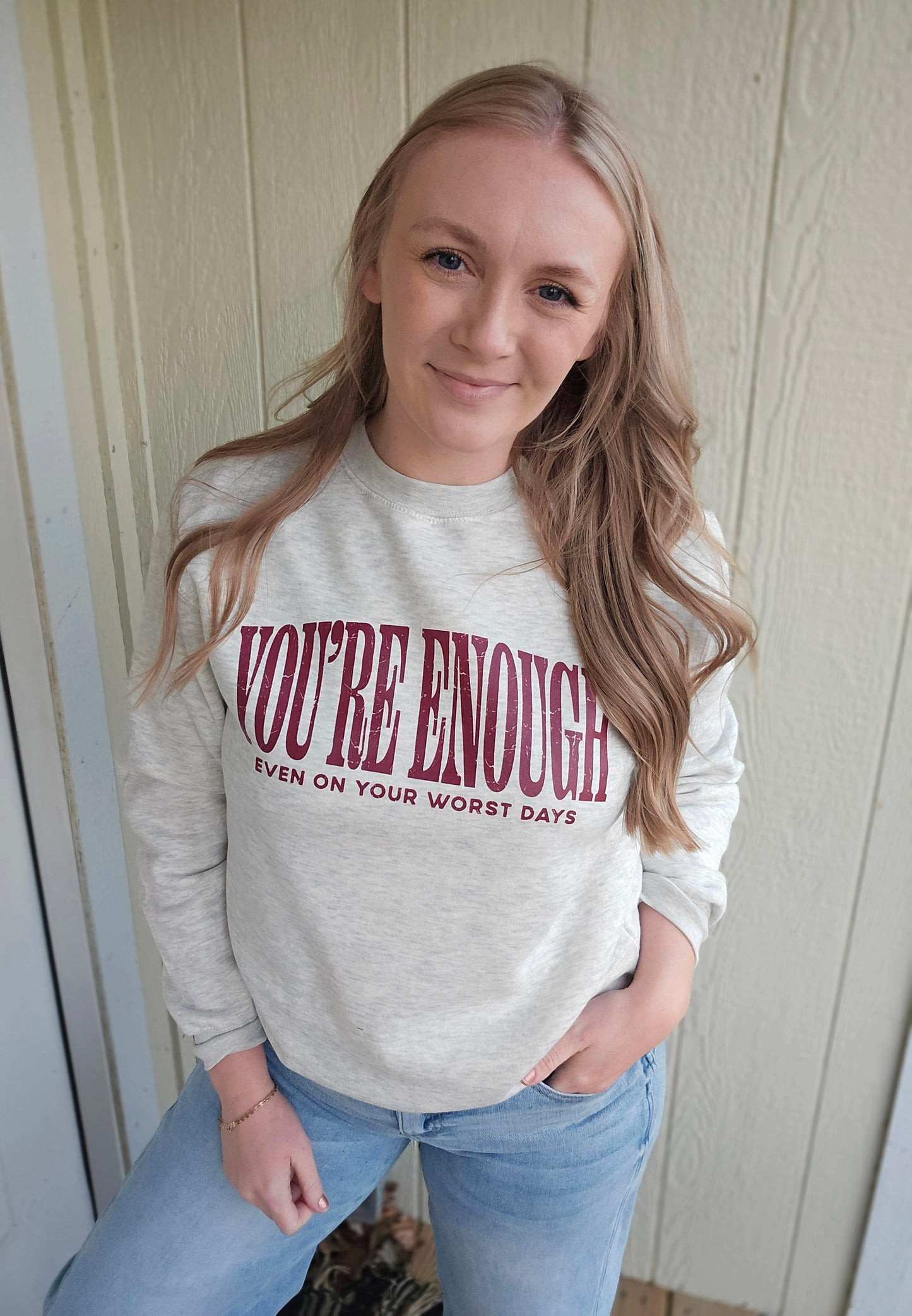 YOU'RE ENOUGH Heather Oatmeal Crewneck Sweatshirt