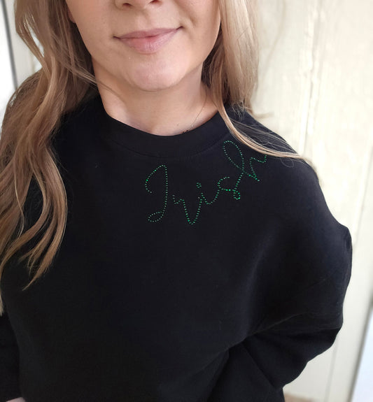 IRISH SCRIPT Rhinestone Collar Black Crewneck Sweatshirt (ADULT)