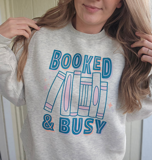 BOOKED & BUSY Heather Grey Crewneck Sweatshirt