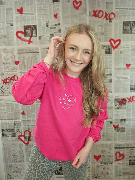 LOVE LIKE JESUS Fushia Embroidered Crewneck
