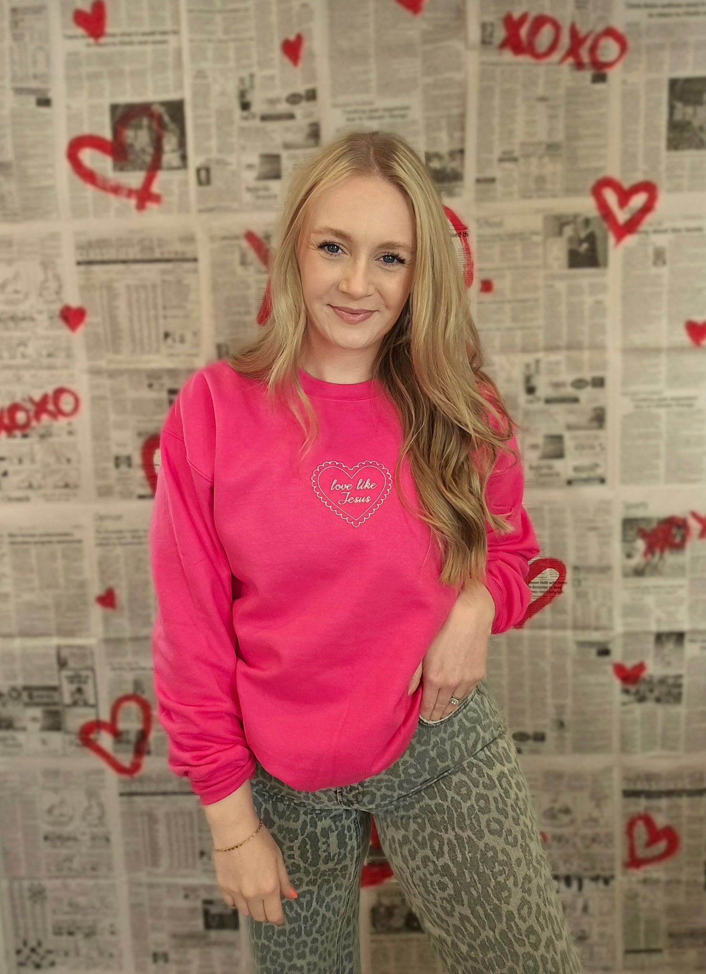 LOVE LIKE JESUS Fushia Embroidered Crewneck