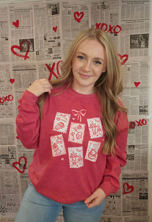 LOVE DAY STAMPS Heather Red Crewneck Sweatshirt