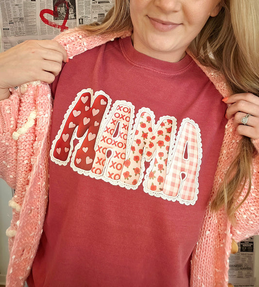 MAMA Lace Red Vintage Wash Short Sleeve Tee