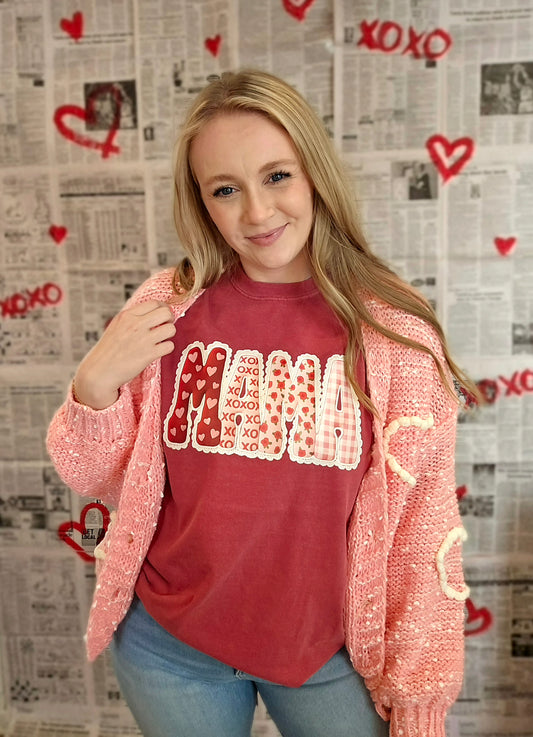 MAMA Lace Red Vintage Wash Short Sleeve Tee