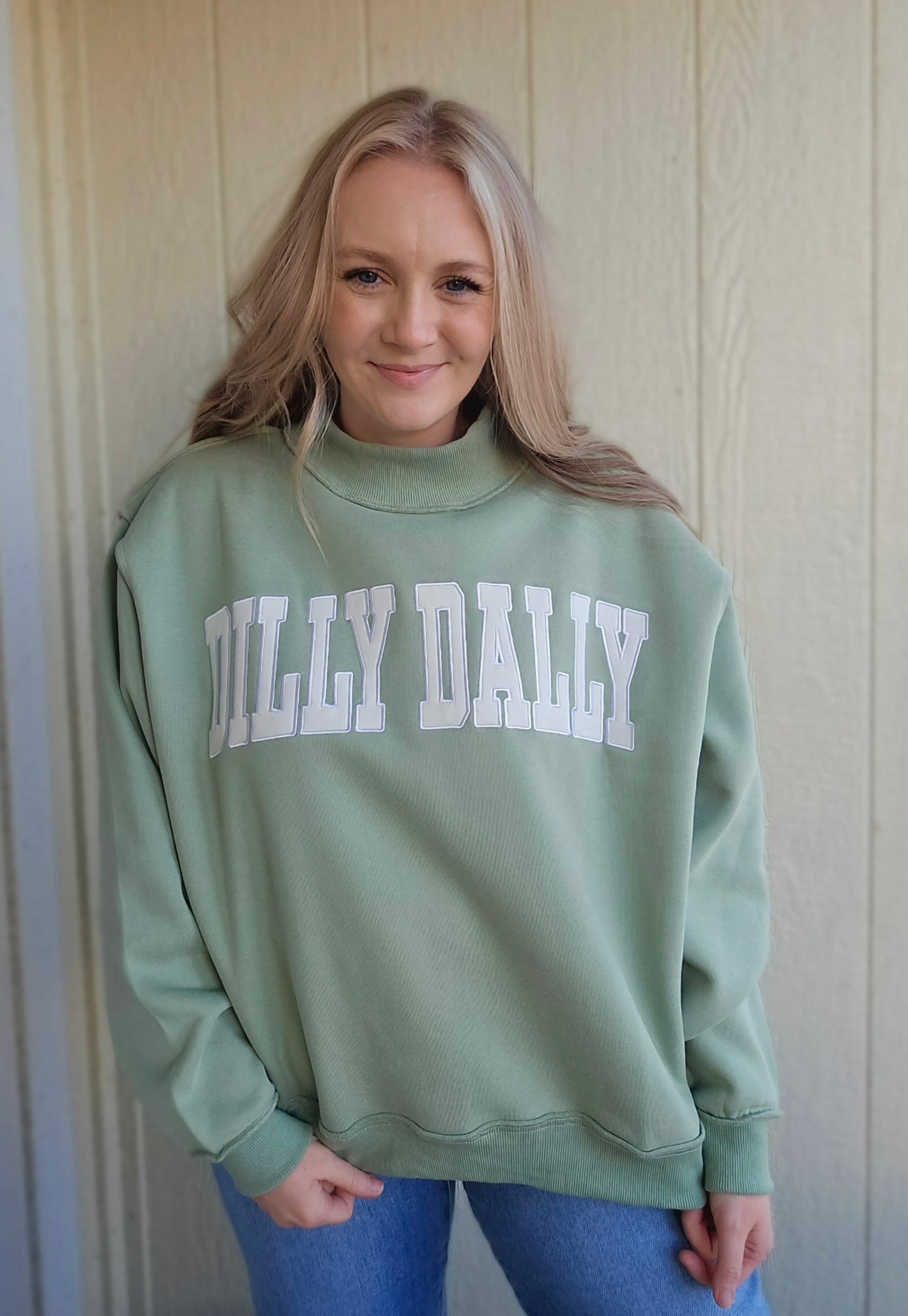 DILLY DALLY Sage Embroidered Mockneck Sweatshirt