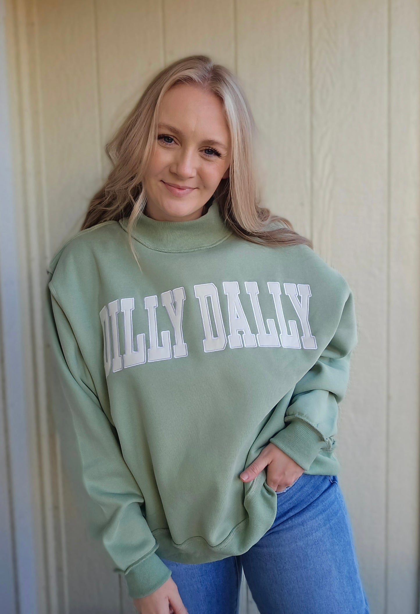 DILLY DALLY Sage Embroidered Mockneck Sweatshirt