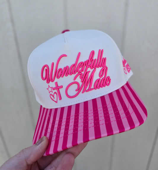 WONDERFULLY MADE Pink Stripe Embroidered Trucker Hat