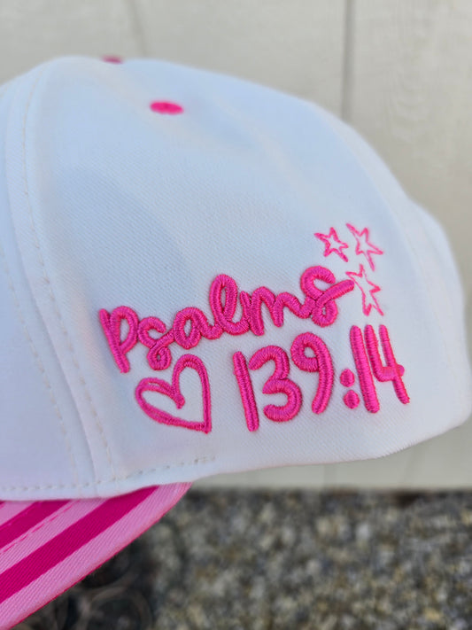 WONDERFULLY MADE Pink Stripe Embroidered Trucker Hat