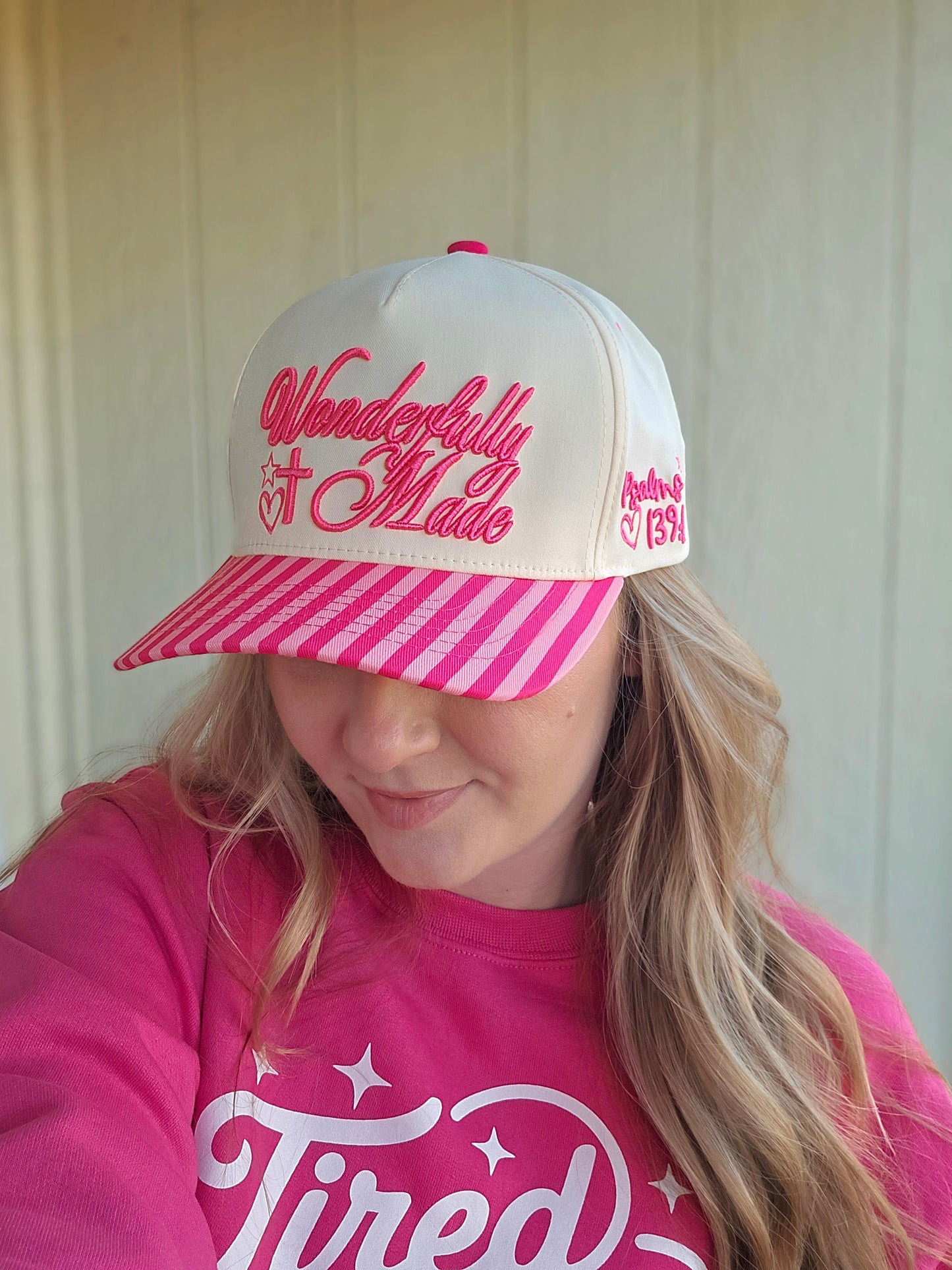WONDERFULLY MADE Pink Stripe Embroidered Trucker Hat