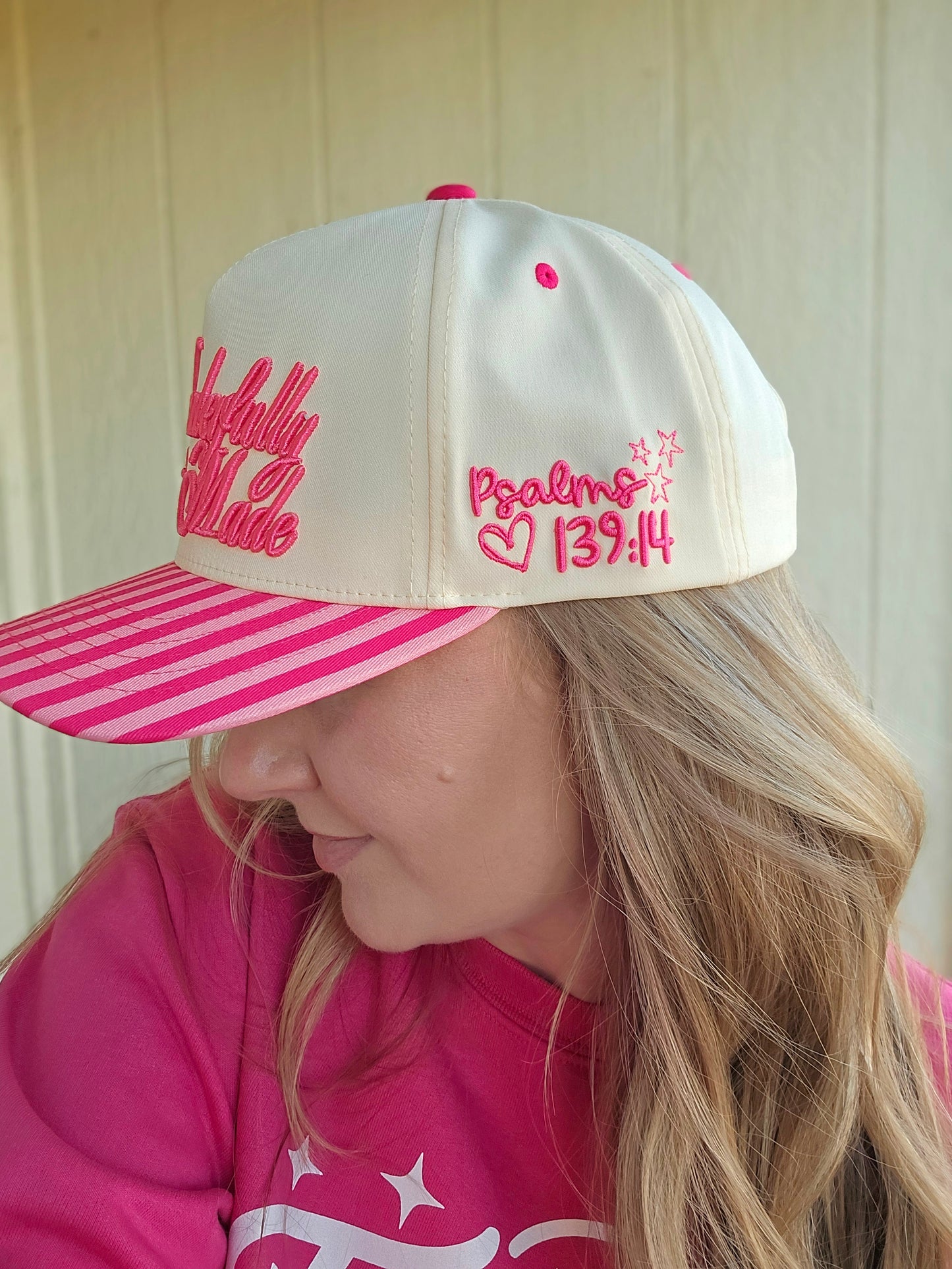 WONDERFULLY MADE Pink Stripe Embroidered Trucker Hat