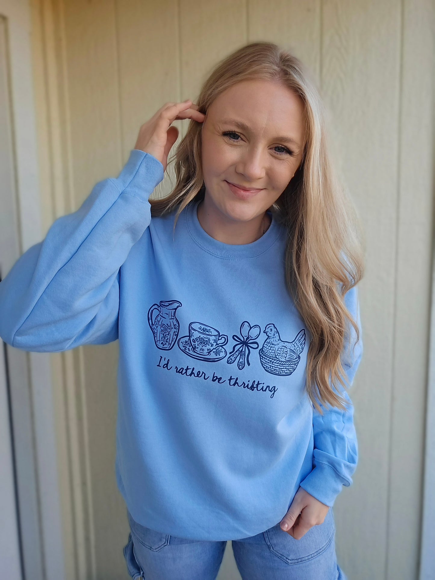 I'D RATHER BE THRIFTING Light Blue Crewneck Sweatshirt