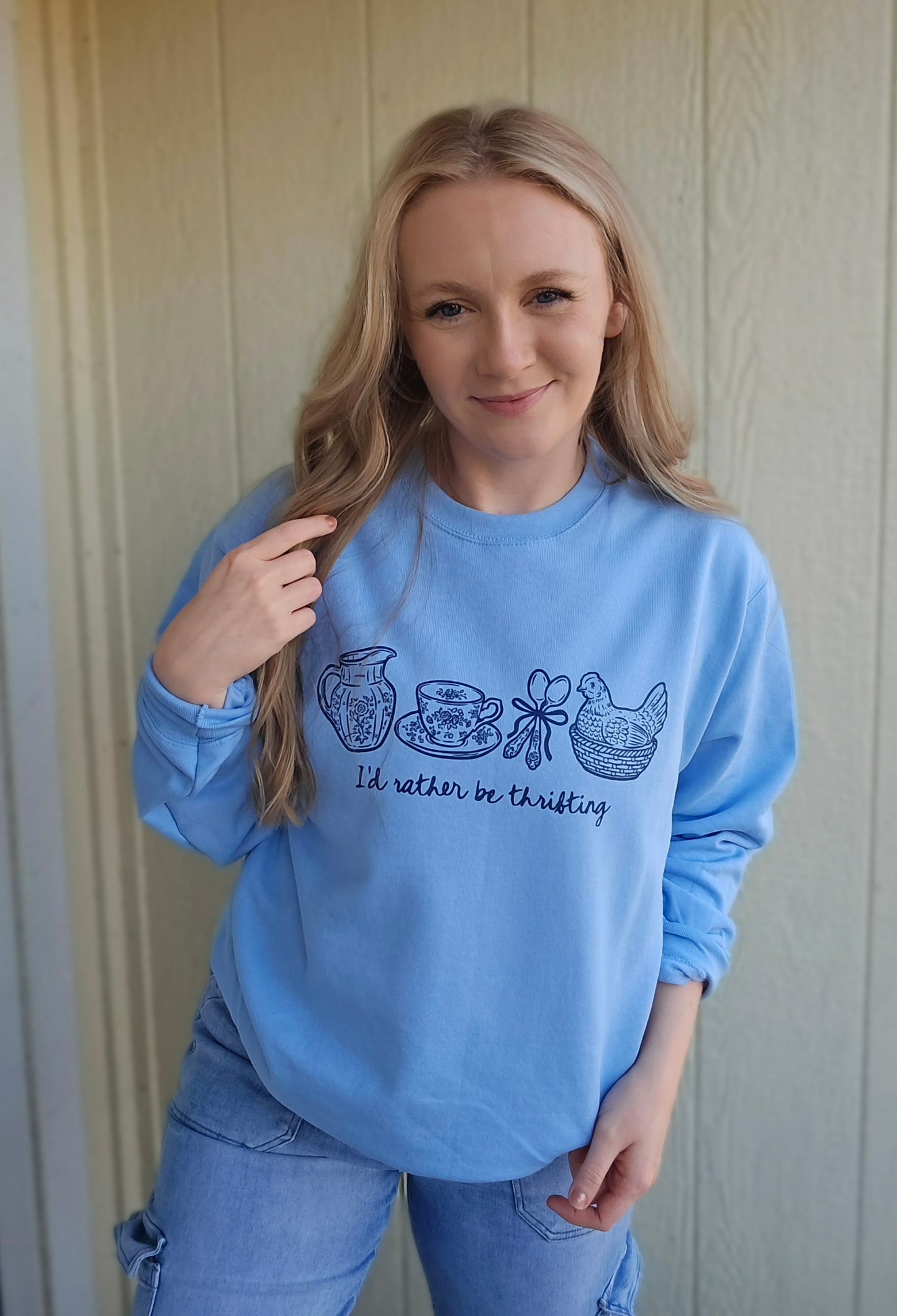 I'D RATHER BE THRIFTING Light Blue Crewneck Sweatshirt