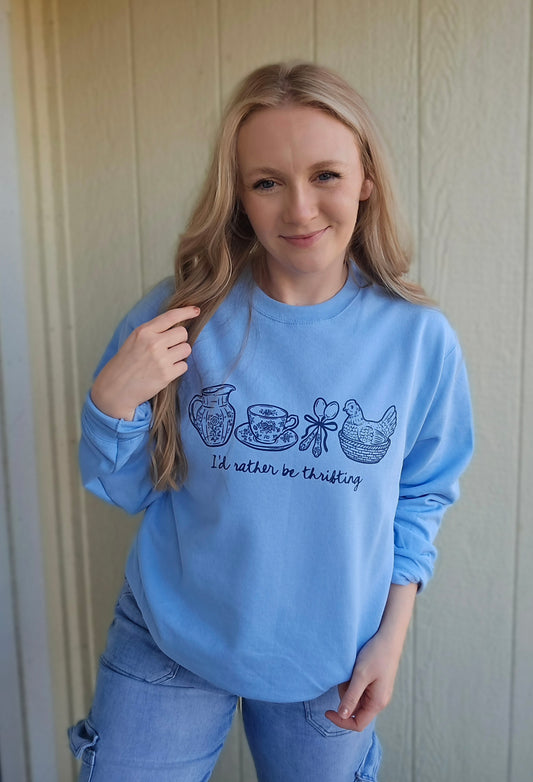 I'D RATHER BE THRIFTING Light Blue Crewneck Sweatshirt