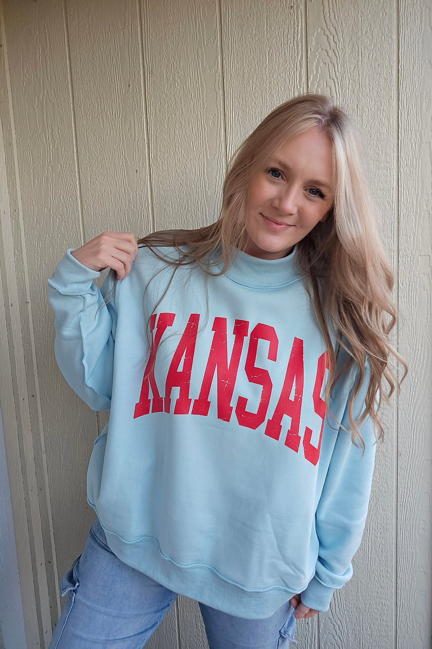 KANSAS Varsity Light Blue Mock-Neck Sweatshirt
