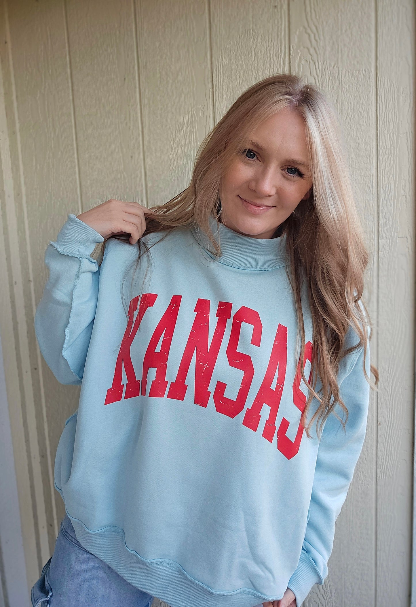 KANSAS Varsity Light Blue Mock-Neck Sweatshirt