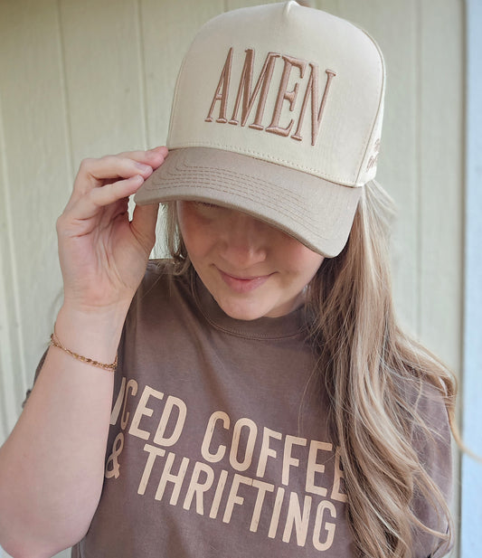 AMEN Puff Embroidered Two-Tone Trucker Hat Tan/Beige