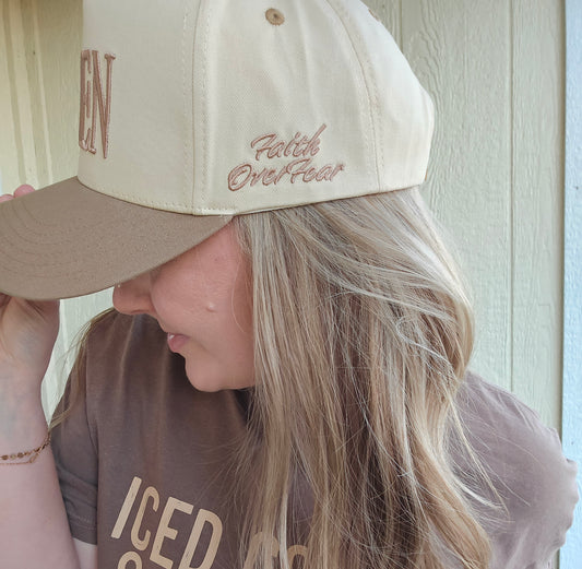 AMEN Puff Embroidered Two-Tone Trucker Hat Tan/Beige