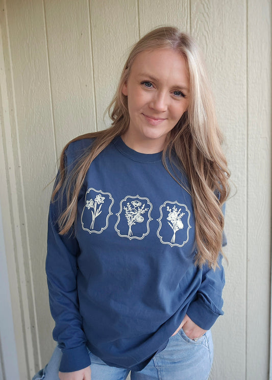 BOHO FLORAL FRAME Denim Blue Vintage Long Sleeve Tee