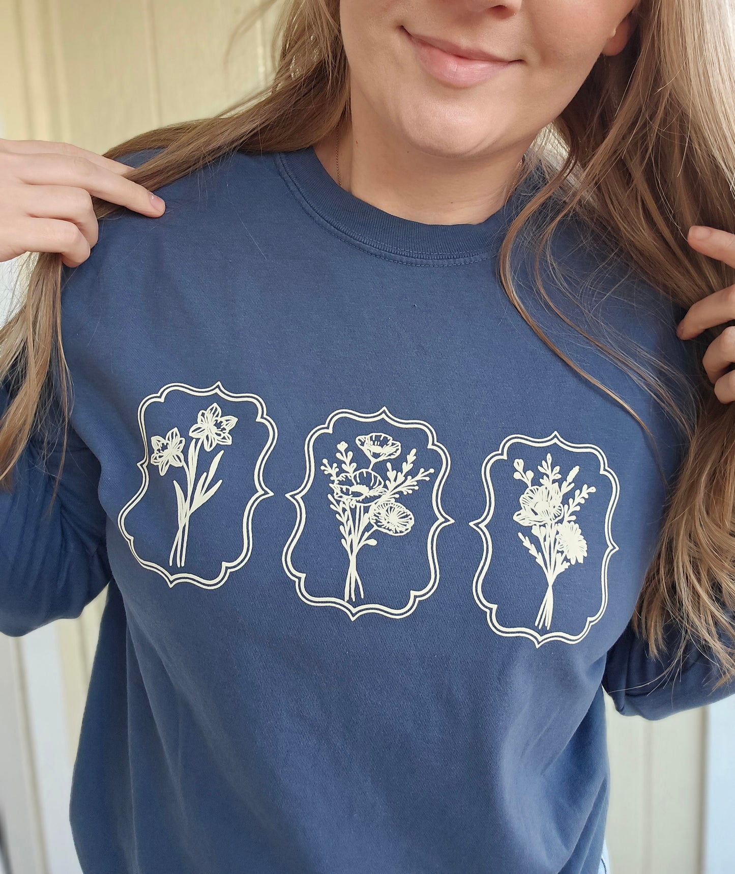 BOHO FLORAL FRAME Denim Blue Vintage Long Sleeve Tee
