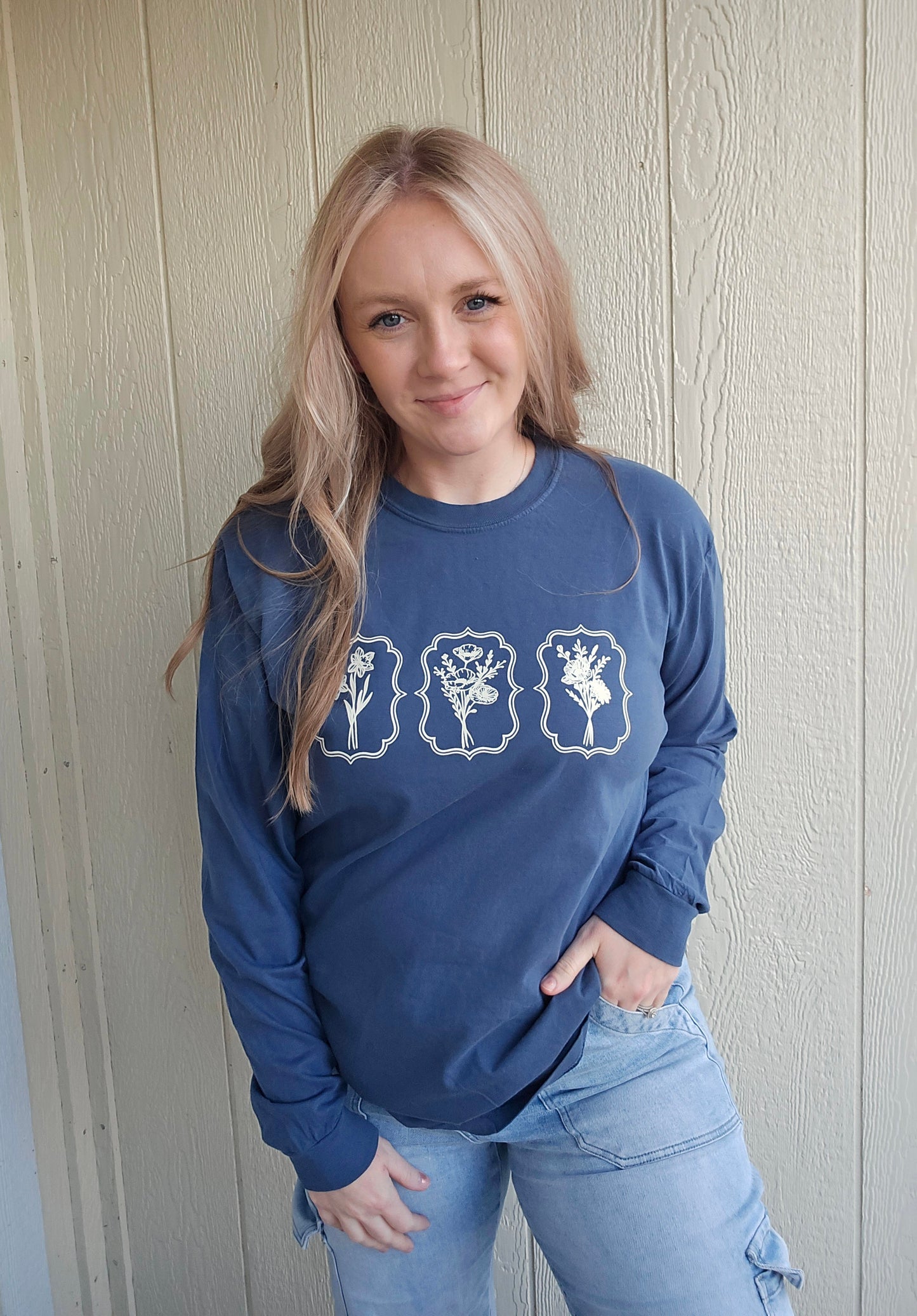 BOHO FLORAL FRAME Denim Blue Vintage Long Sleeve Tee