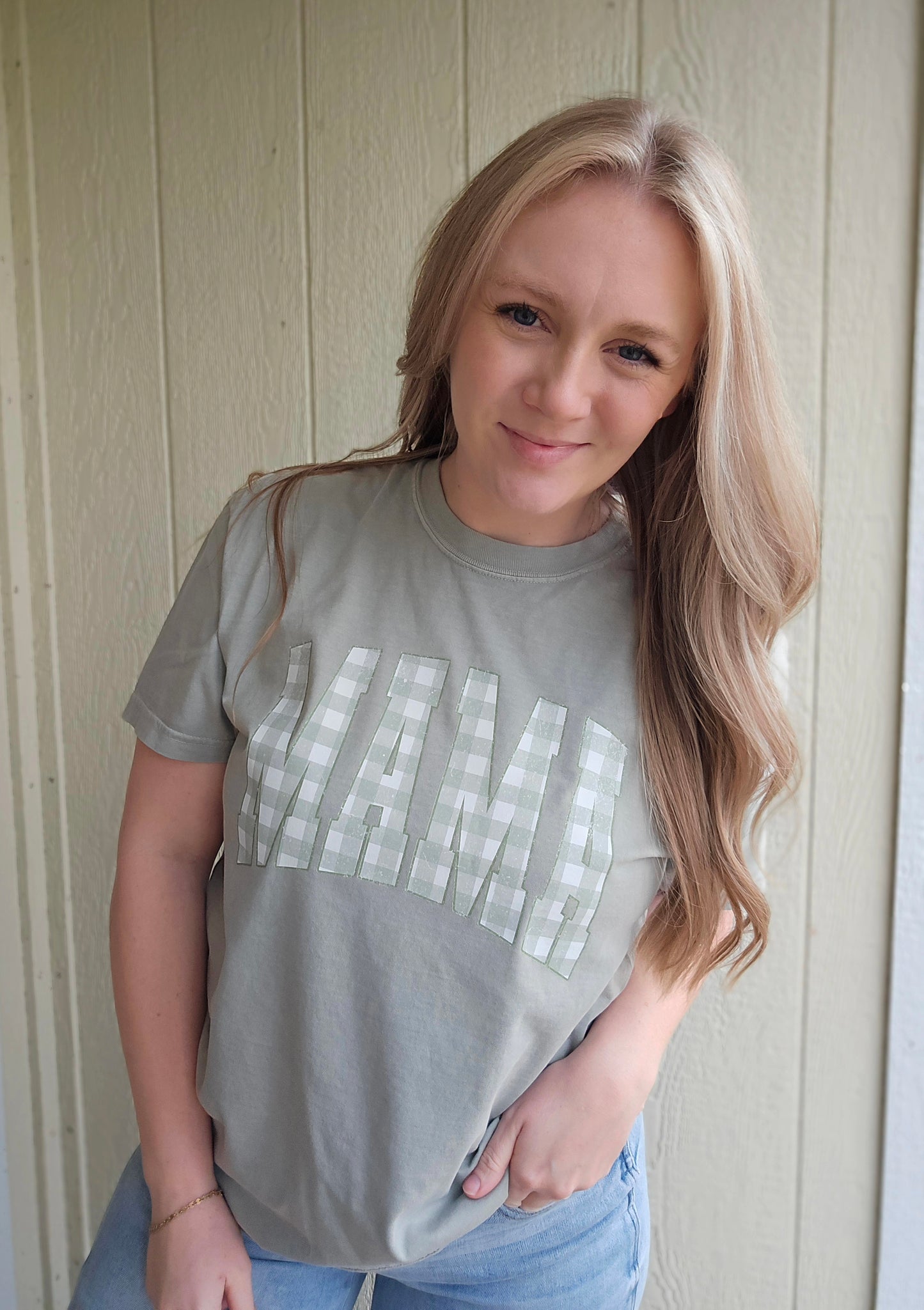 MAMA GINGHAM Sage Green Vintage Wash Tee