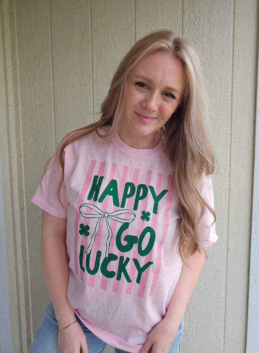 HAPPY GO LUCKY Pink Stripe Vintage Wash Tee