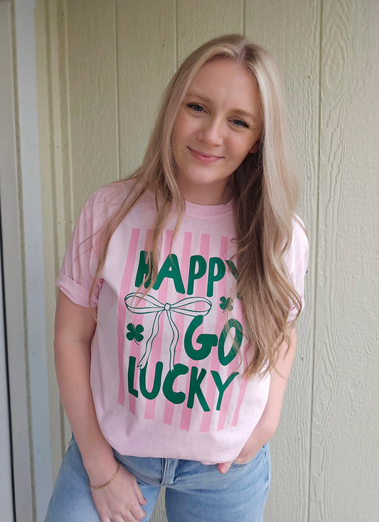 HAPPY GO LUCKY Pink Stripe Vintage Wash Tee