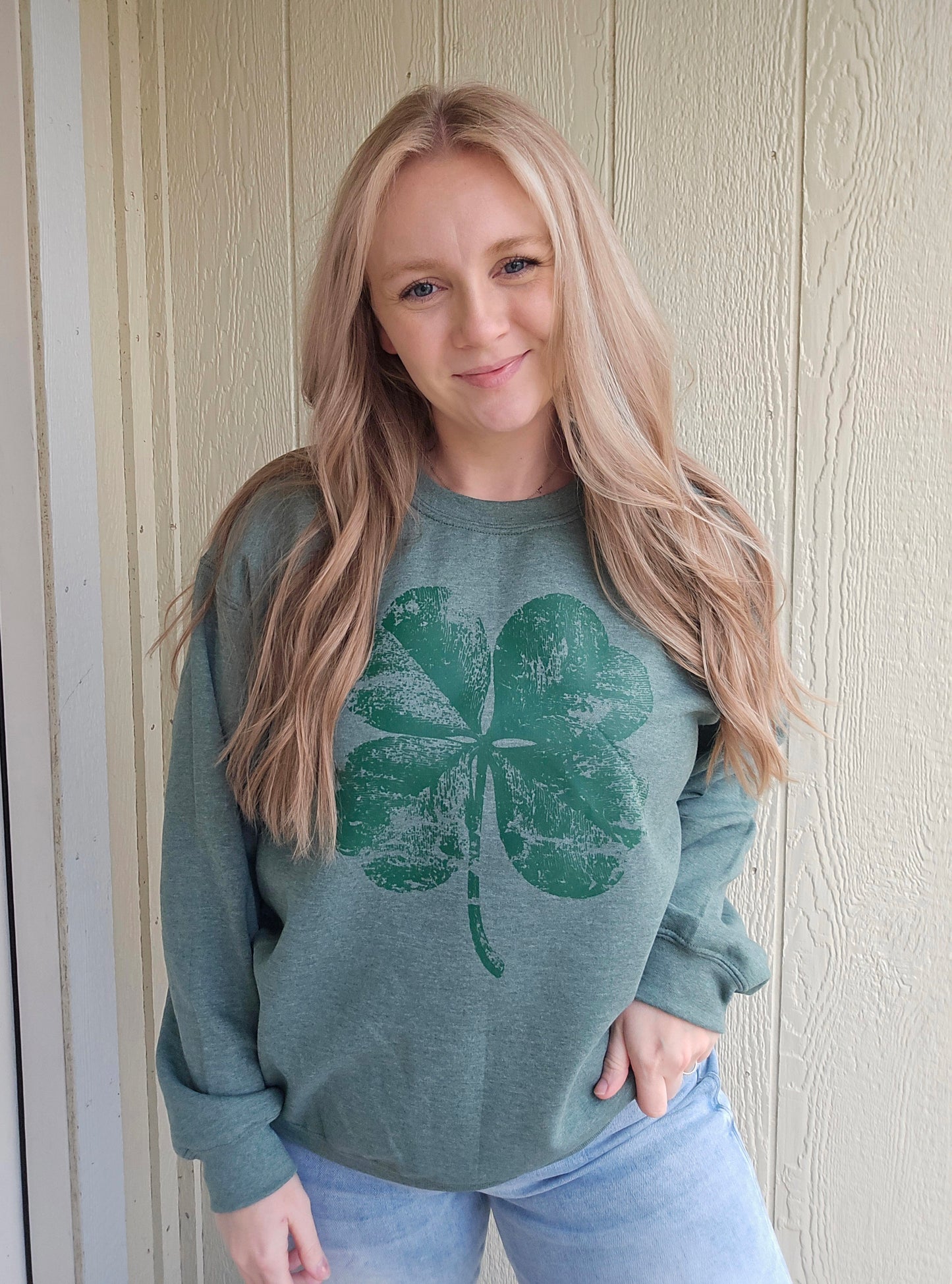 DISTRESSED SHAMROCK Tone on Tone Heather Green Crewneck