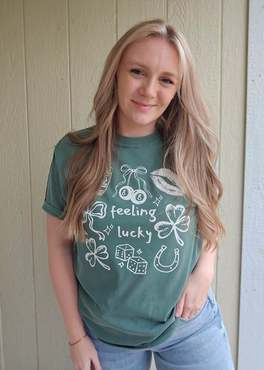 FEELING LUCKY Doodle Green Vintage Wash Tee