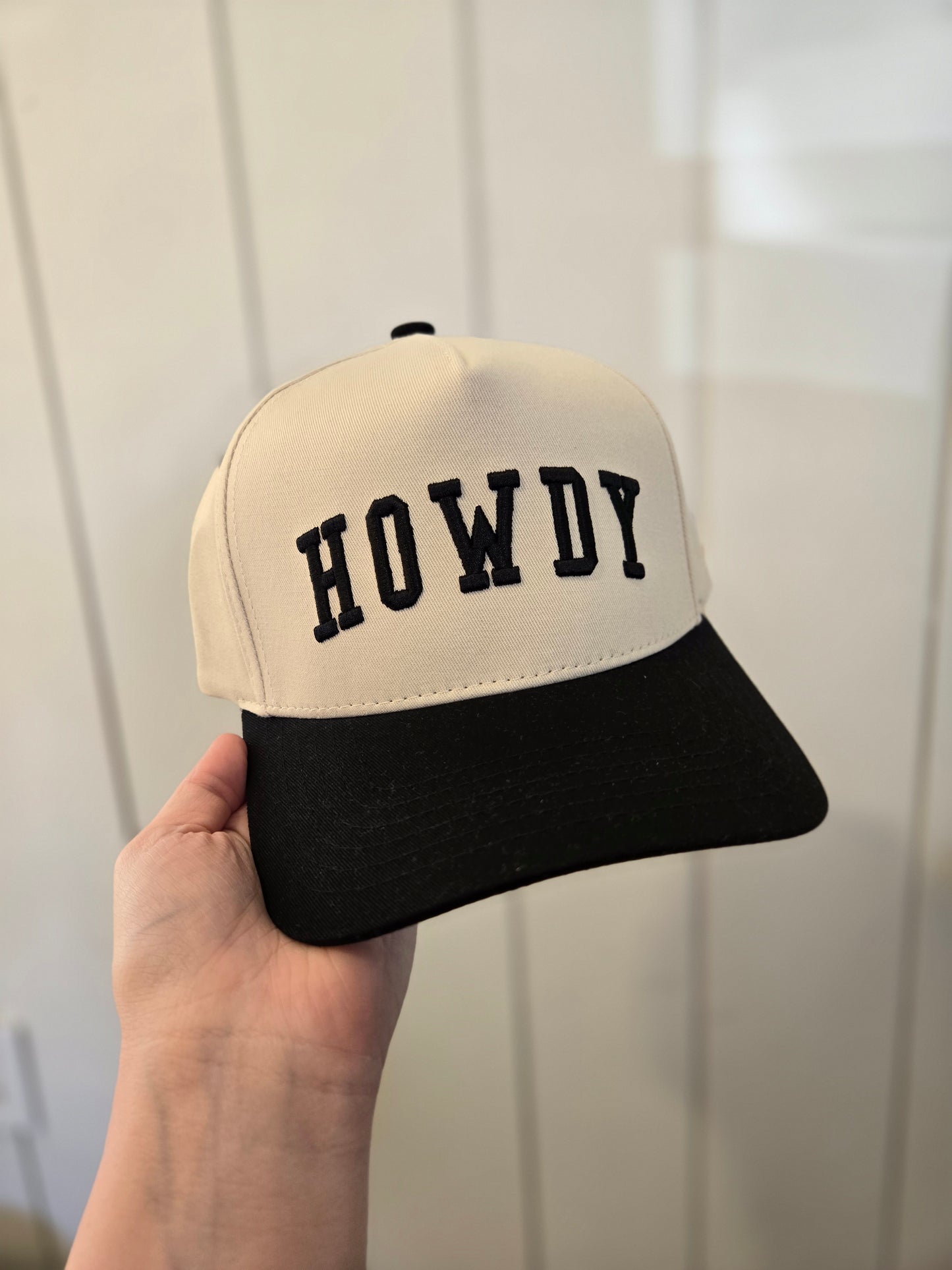 HOWDY Embroidered Two-Tone Trucker Hat Black/Beige